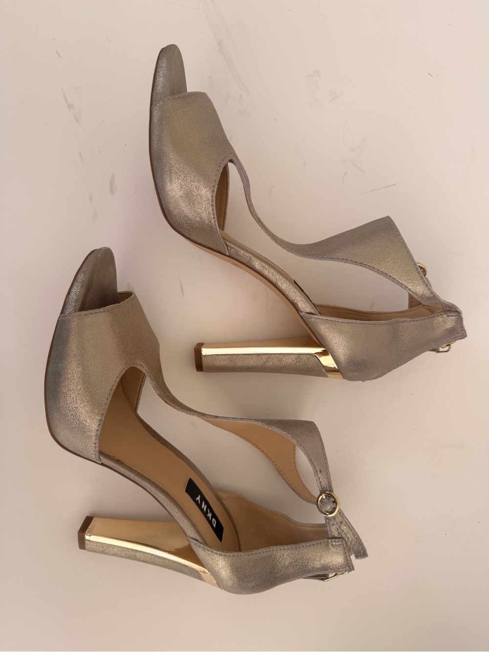 DKNY Silver Metallic Open-Toe Slingback Heels with Gold Accent